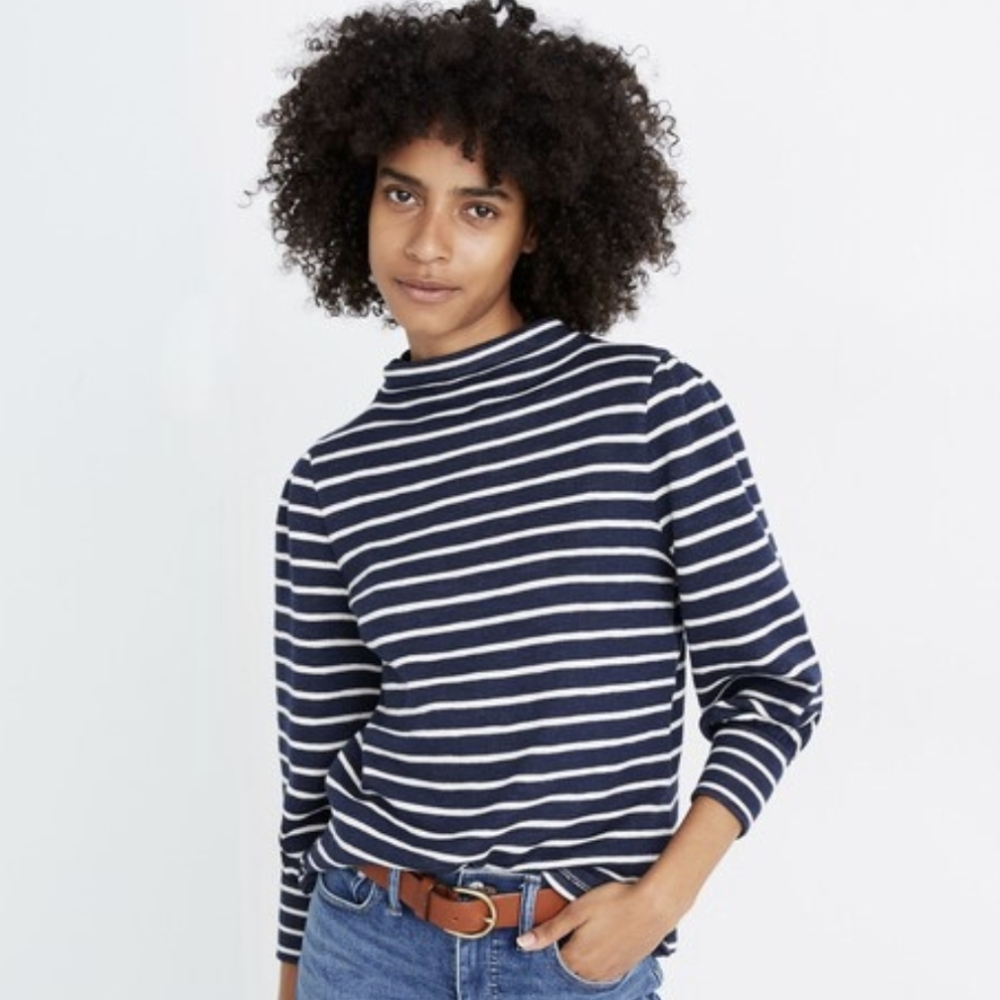 Madewell Gathered Sleeve Striped Mock Neck Top Size XS NWT